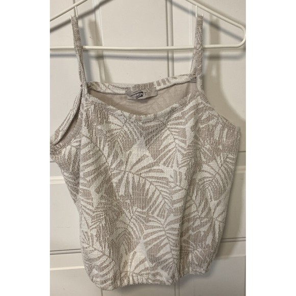 Loft Crop Top Textured Cream & Beige Tropical Leafy Pattern Elastic Hem Sz L - Picture 1 of 6